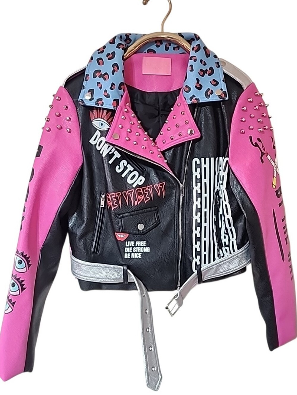 Azalea Wang pink and black faux leather studded graffiti moto jacket. - Picture 4 of 8